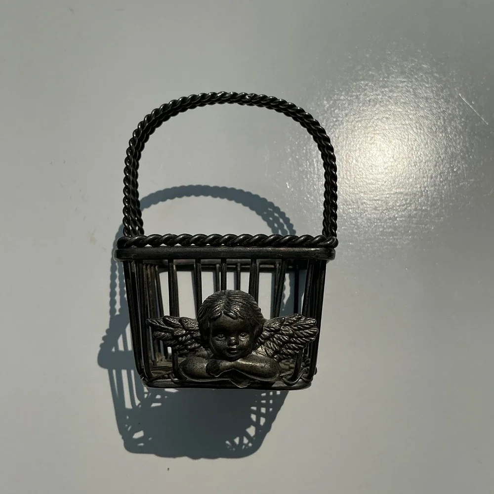 Vintage Silver Tone Cherub Wire Basket Mini Decorative Trinket Holder Angel